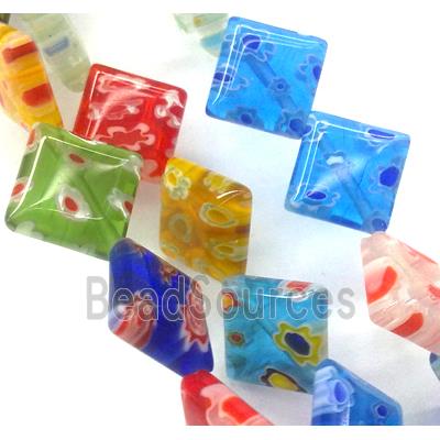 Millefiori glass bead, square, corner-drilled, mixed