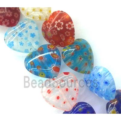 Millefiori glass bead, heart, mixed