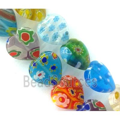 Millefiori glass bead, heart, mixed