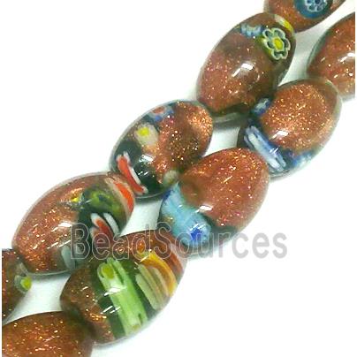 Millefiori glass bead with goldsand, barrel, mixed