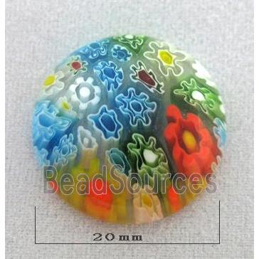 round Cabochon, Millefiori glass bead, multi-flower, flat-back