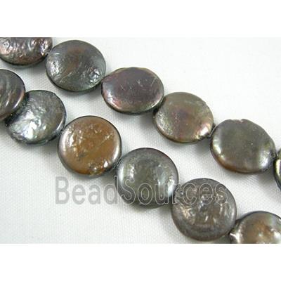 freshwater pearl beads, flat-round, coffee-grey