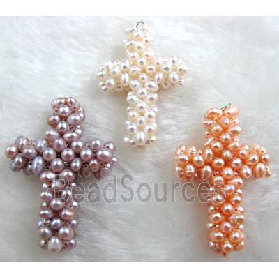 freshwater pearl pendant, cluster, cross, handcraft, mixed color