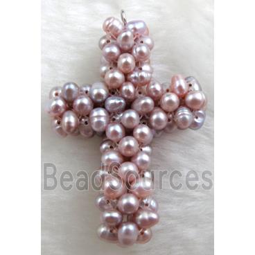 freshwater pearl pendant, cluster, cross, handcraft, purple