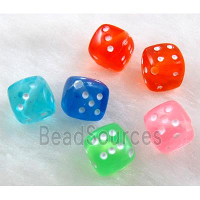 Colorful Plastic Dice Bead, cube, mixed color, corner-drilled