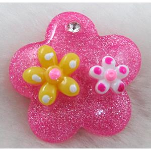 Resin Cabochon, flower, flat-back, hot-pink