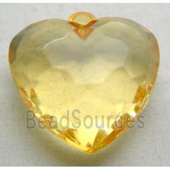 Acrylic Pendant, heart, faceted, transparent, yellow