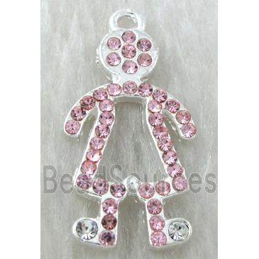 Alloy pendants paved Pink rhinestone, silver plated