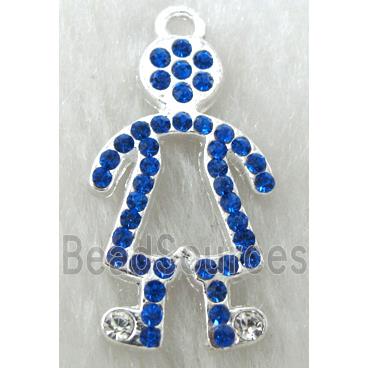 Alloy pendants paved blue rhinestone, silver plated