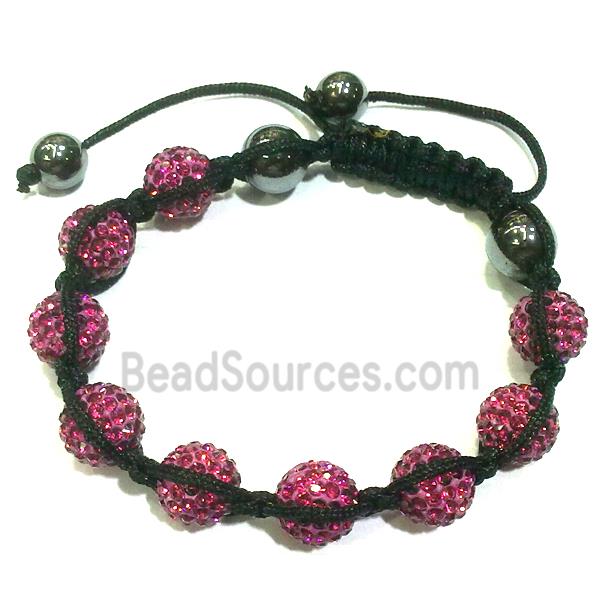 Bracelet, fimo polymer clay beads paved mid-east rhinestone, hotpink