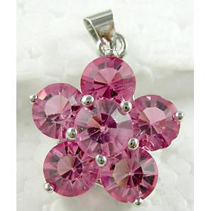 Mideast rhinestone flower pendant, copper, platinum plated, hotpink