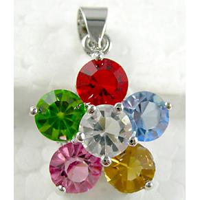 mixed color Mideast rhinestone flower pendant, copper, platinum plated