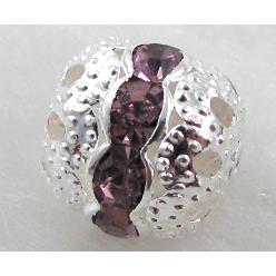 Rhinestone, copper round bead, silver plated, lavender