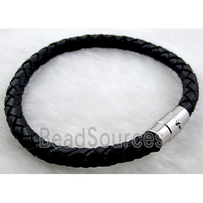 Black Leather Bracelet, magnetic clasp