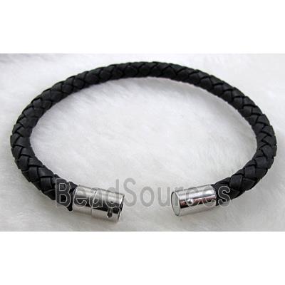 Black Leather Bracelet, magnetic clasp