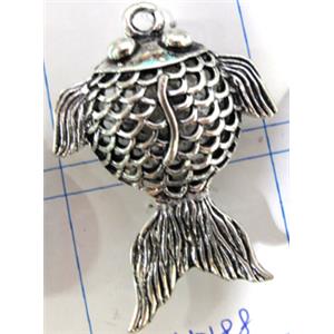 Hollow Tibetan Silver zinc fish pendant, lead free and nickel free, 49x36mm