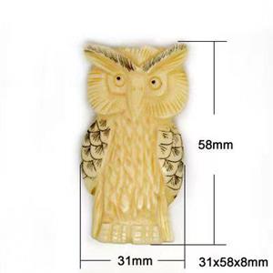 antique cattle bone beads, owl charm, yellow, approx 30x58mm