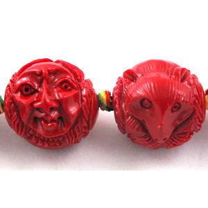 Compositive coral bead, face and fox, 16x20mm, 16pcs per st