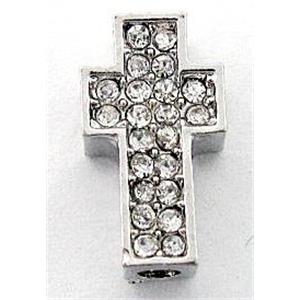 Bracelet bar, cross, alloy connector with rhinestone, platinum plated, 8x15mm