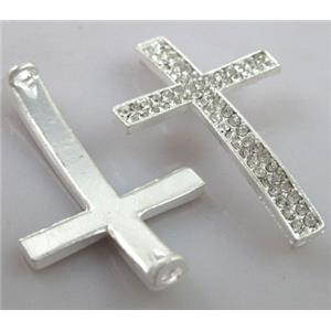 Bracelet bar, cross, alloy connector with rhinestone, duck-silver, 23x38mm