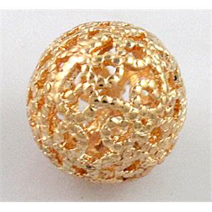 Hollow Alloy bead, round, light gold, 10mm dia