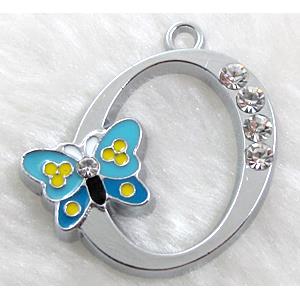 Alphabet pendants, O-letter, enamel butterfly, rhinestone, 30x30mm, Platinum plated