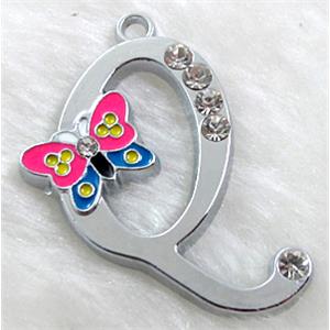 Alphabet bead pendants, Q-letter, enamel butterfly, rhinestone, 30x40mm, Platinum plated