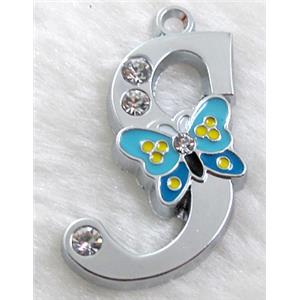 Alphabet pendants, S-letter, enamel butterfly, rhinestone, 30x30mm, Platinum plated