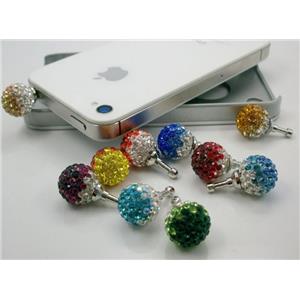 Earphone Jack Dust Cap Plug with Rhinestone, mixed, 12mm dia