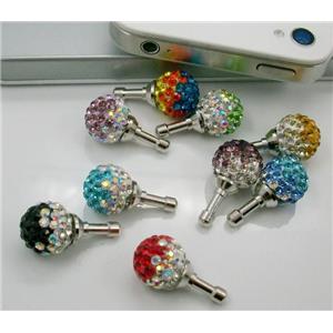 Earphone Jack Dust Cap Plug with Rhinestone, mixed, 10mm dia