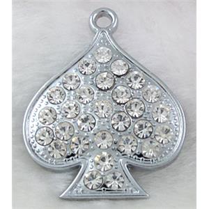 heart Pendants, rhinestone, alloy, platinum plated, 35x43mm