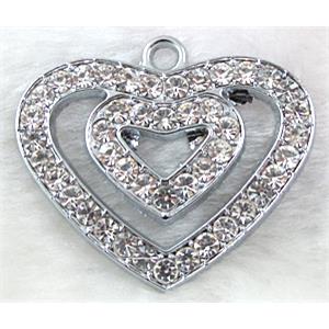 heart Pendants, rhinestone, alloy, platinum plated, 41mm wide