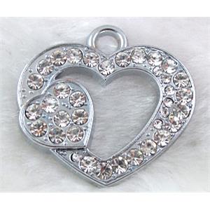 heart Pendants, rhinestone, alloy, platinum plated, 34mm dia