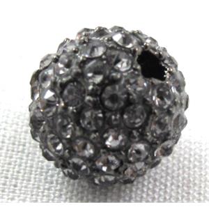 round alloy beads, paved grey crystal rhinestone, black, 10mm dia, 2.6mm hole