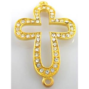 bracelet bar, alloy four-leaf clover cross pave Rhinestone, golden, 28x35mm