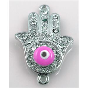 Hamsahand, evil-eye bracelet connector, alloy bead with rhinestone, platinum pla, 22x35mm