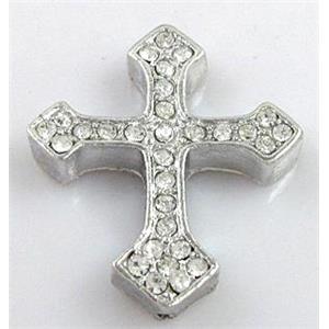 bracelet bar, cross with rhinestone, alloy bead, platinum plated, 30x36mm