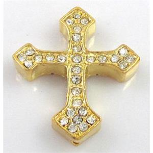 bracelet bar, cross with rhinestone, alloy bead, gold, 30x36mm