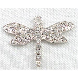 alloy pendant with rhinestone, silver plated, dragonfly, 32x25mm