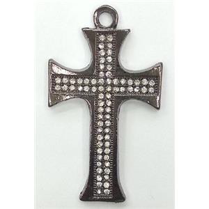 alloy pendant with rhinestone, cross, black, 30x50mm