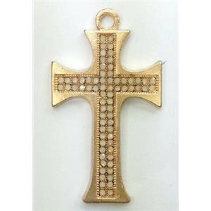 alloy cross pendant with CZ Rhinestone, duck-gold, 30x50mm