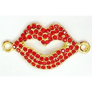 Bracelet bar, lip charm, alloy connector with rhinestone, gold, 38x20mm