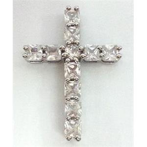 copper bead with zircon, cross, platinum plated, 20x30mm