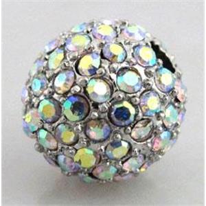 alloy bead with rhinestone, round, 10mm dia, 2.6mm hole