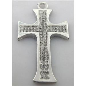 cross, alloy peadant with rhinestone, platinum plated, 30x52mm