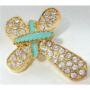 bracelet bar, aurora borealis cross, alloy bead with rhinestone, gold, 26x35mm