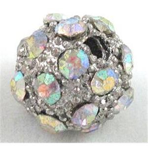 Alloy bead with rhinestone, round, 12mm dia, 2mm hole