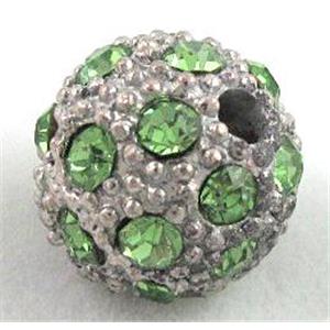 Alloy bead with rhinestone, round, 10mm dia, 2mm hole