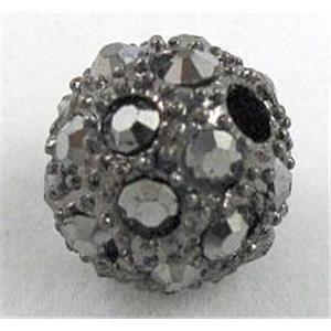 Alloy bead with rhinestone, round, 12mm dia, 2mm hole