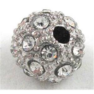 Alloy bead with rhinestone, round, 10mm dia, 2mm hole